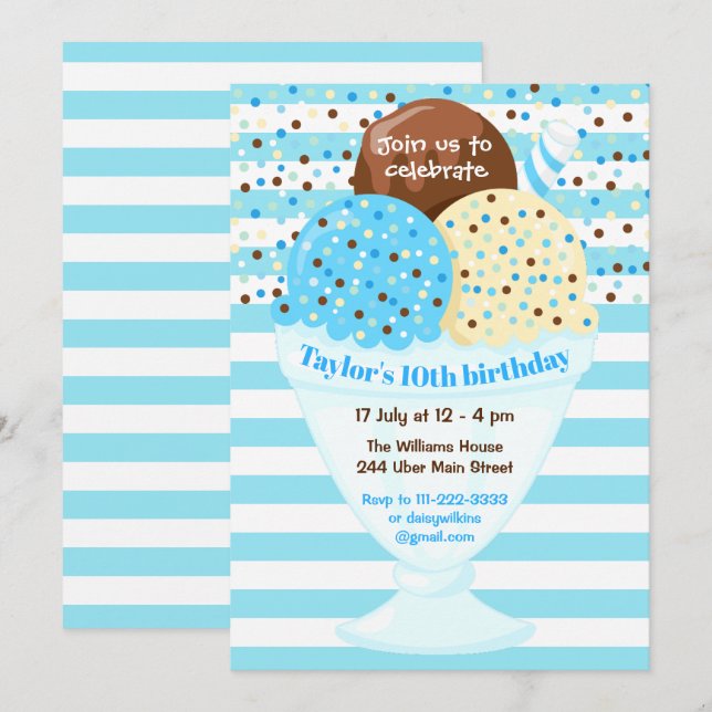 Ice Cream Birthday Party Blue Invitation (Front/Back)