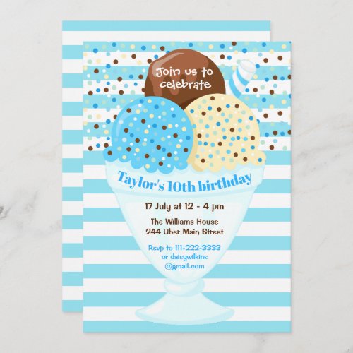 Ice Cream Birthday Party Blue Invitation