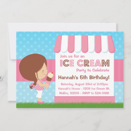 Ice Cream Birthday Party Brown Hair Custom Announcements