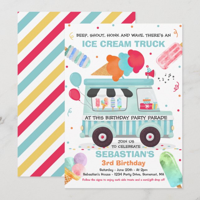 Ice Cream Birthday Party Drive By Birthday Parade Invitation (Front/Back)