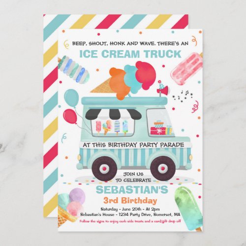 Ice Cream Birthday Party Drive By Birthday Parade Invitation