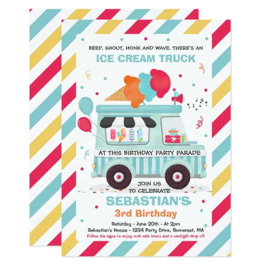 Ice Cream Birthday Party Drive By Birthday Parade Invitation