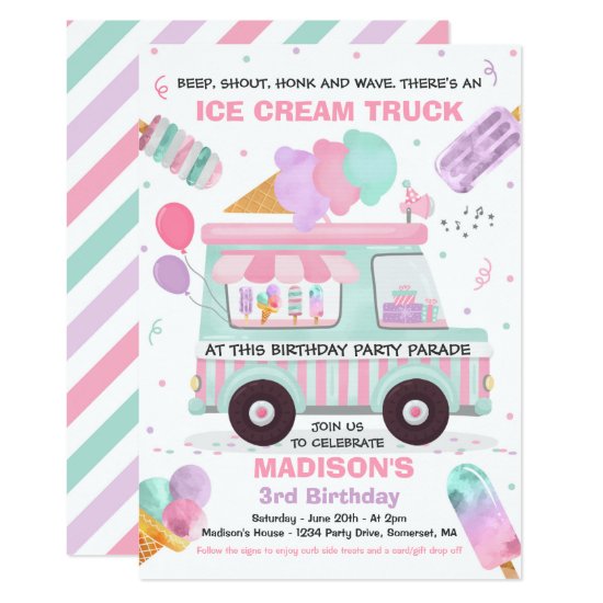 Ice Cream Birthday Party Drive By Birthday Parade Invitation