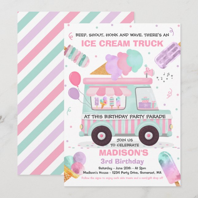 Ice Cream Birthday Party Drive By Birthday Parade Invitation (Front/Back)