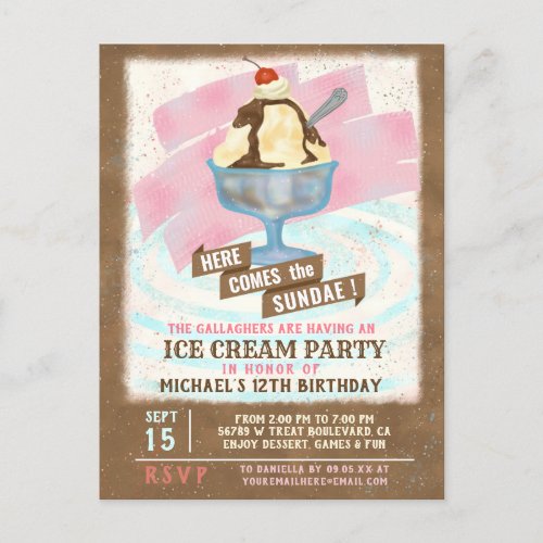 Ice Cream Birthday Party  Here Comes the Sundae Invitation Postcard