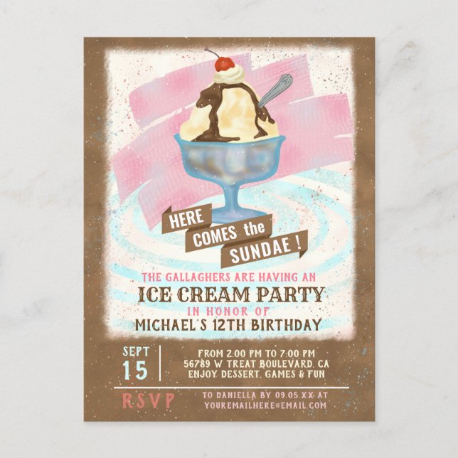 Ice Cream Birthday Party | Here Comes the Sundae Invitation Postcard (Front)