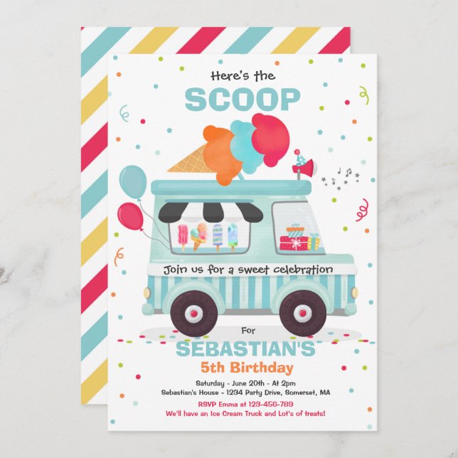 Ice Cream Birthday Party Ice Cream Truck Birthday Invitation (Front/Back)