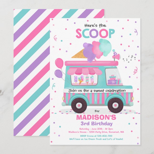 Ice Cream Birthday Party Ice Cream Truck Birthday Invitation (Front/Back)