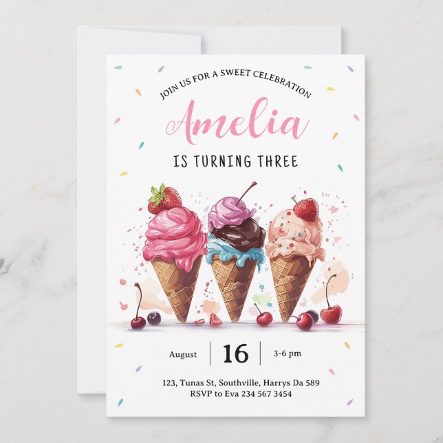 Ice Cream Birthday Party  Invitation (Front)