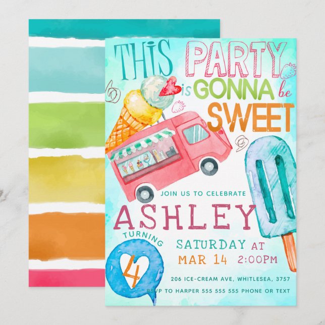 Ice Cream Birthday Party Invitation (Front/Back)