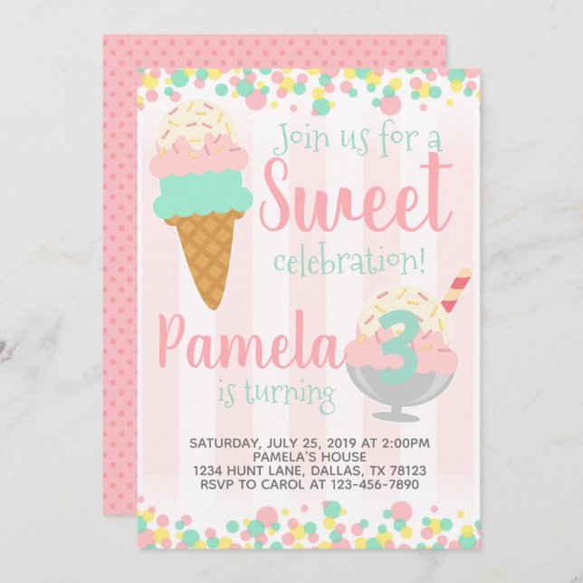 Ice Cream Birthday Party Invitation Invite (Front/Back)