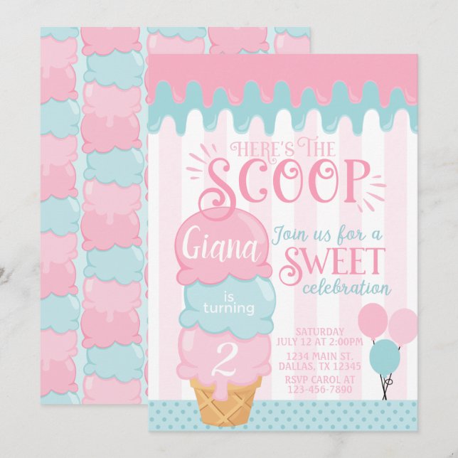Ice Cream Birthday Party Invitation Snow Cone (Front/Back)