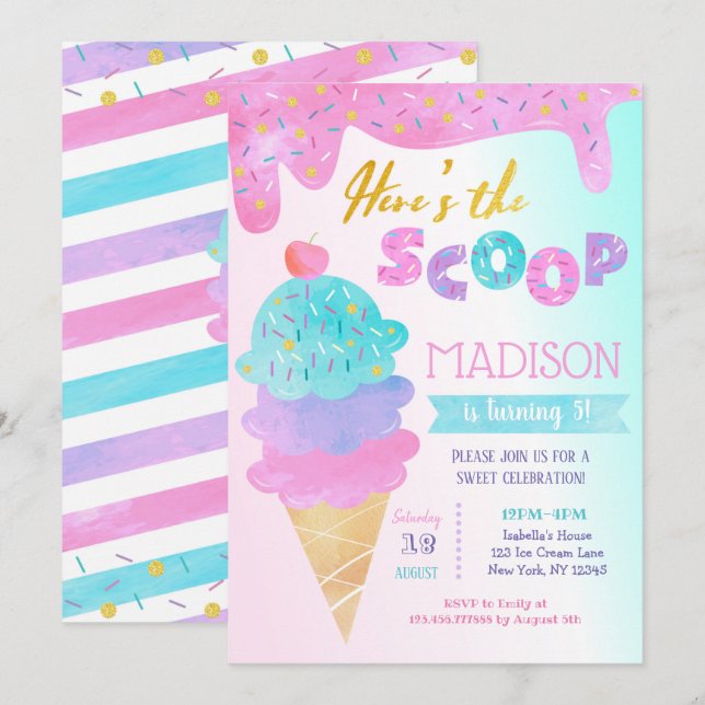 Ice Cream Birthday Party Invitation Two Sweet  (Front/Back)
