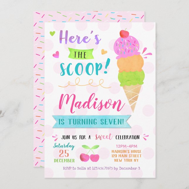 Ice Cream Birthday Party Invitations (Front/Back)