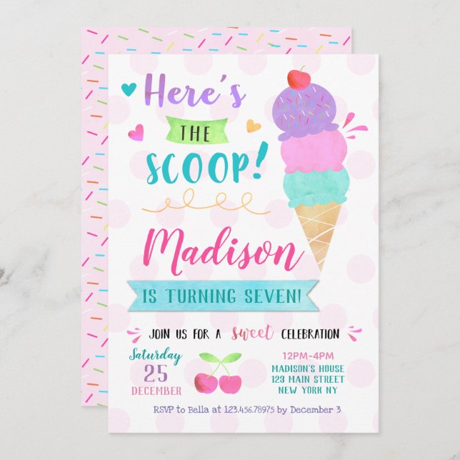 Ice Cream Birthday Party Invitations (Front/Back)