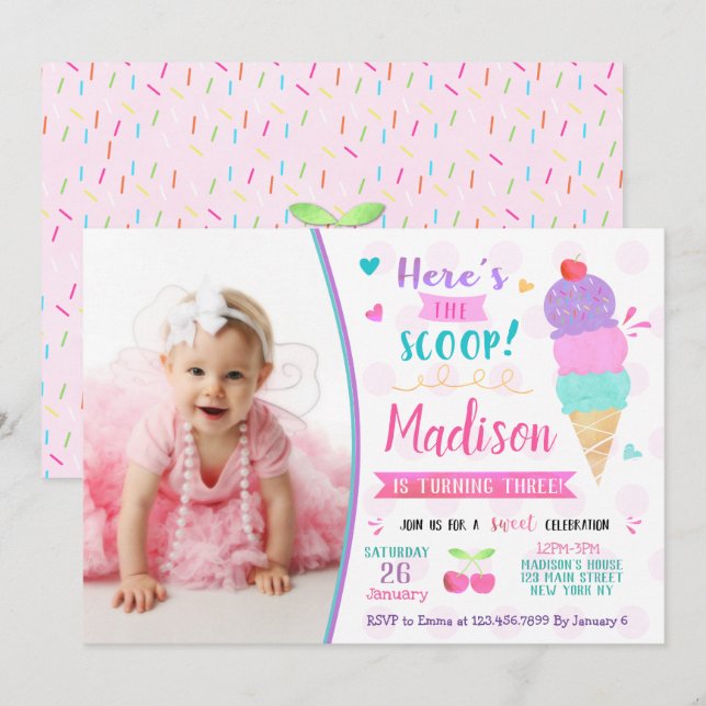 Ice Cream Birthday Party Invitations with Photo (Front/Back)