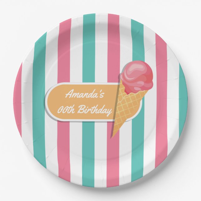 Ice Cream Birthday Party personalized Paper Plates (Front)