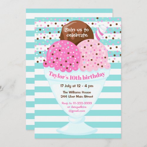 Ice Cream Birthday Party Pink and Turquoise Invitation