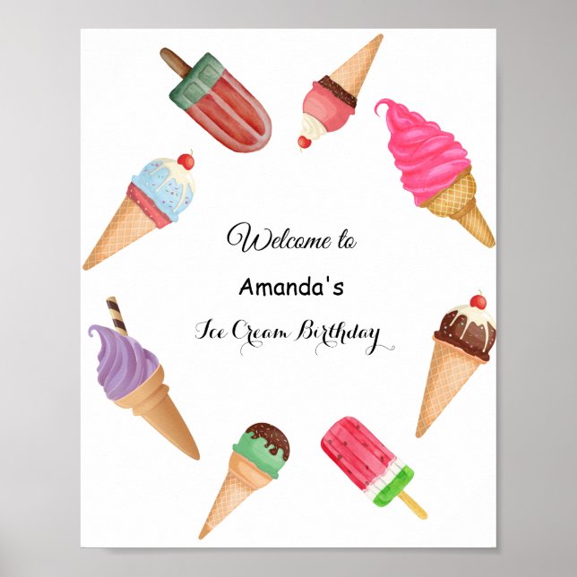 Ice Cream Birthday Party Watercolor Poster (Front)