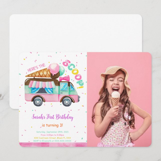 Ice Cream Birthday Photo Invitation (Front/Back)