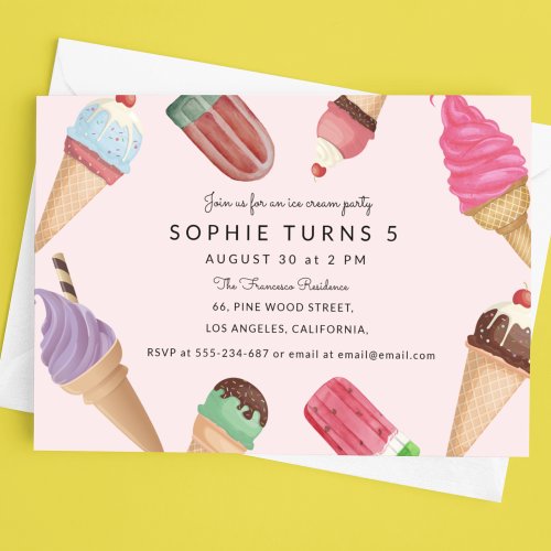 Ice Cream Birthday Pink Summer Party  Invitation