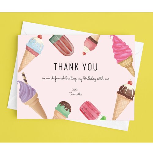 Ice Cream Birthday Pink Thank You Card