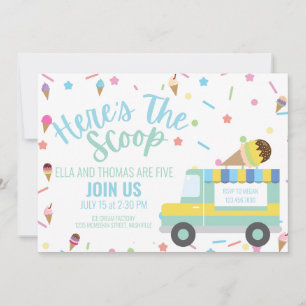 Ice Cream Birthday Sibling Birthday Twin Birthday  Invitation