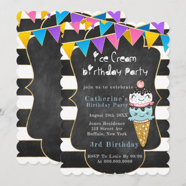  Ice Cream Black Chalkboard Gold Birthday Party  (Front/Back)