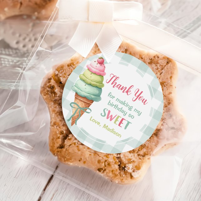 Ice Cream Blue Bow Gingham Birthday Party Classic Round Sticker (Creator Uploaded)