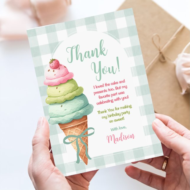 Ice Cream Blue Bow Gingham Birthday Party Thank You Card (Creator Uploaded)