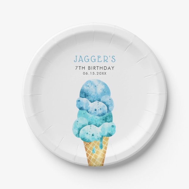 Ice Cream Blue Boys Birthday Party Paper Plates (Front)