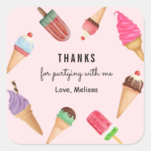 Ice Cream Blue Pink Popsicle Colorful Thank You Square Sticker