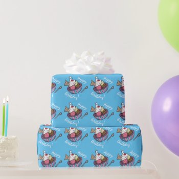 Ice Cream Bowl Blue Birthday Wrapping Paper by ArianeC at Zazzle