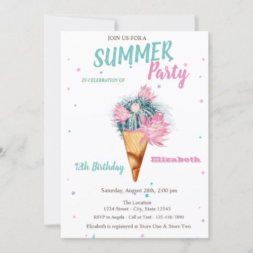 Ice cream Cactus Flowers Summer Birthday Party Invitation