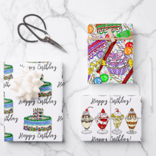 Ice Cream, Cake and Candy Birthday Wrapping Paper Sheets