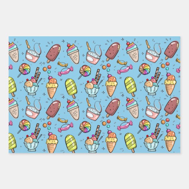 Ice Cream Candy Blue Wrapping Paper Sheets (Front)
