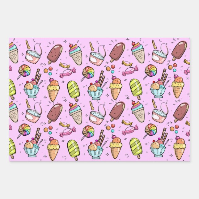 Ice Cream Candy Pink Wrapping Paper Sheets (Front)