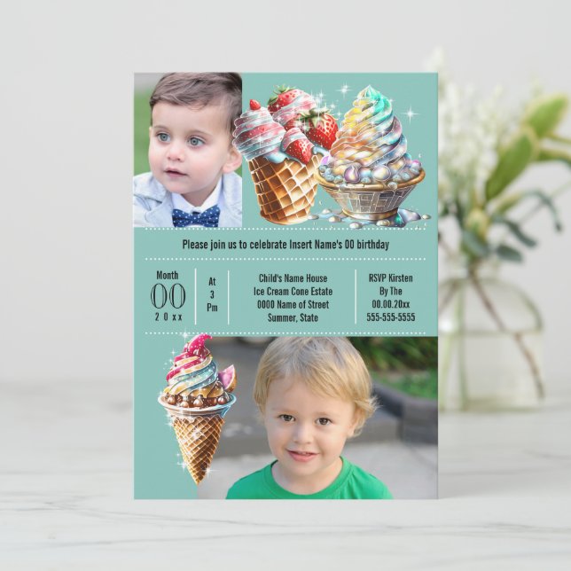 Ice cream candy summer DIY photo kids blue Invitation (Standing Front)