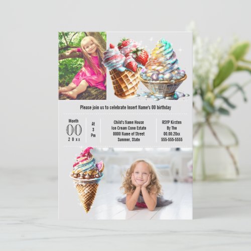 Ice cream candy summer DIY photo kids gray Invitation