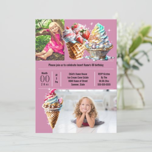 Ice cream candy summer DIY photo kids purple Invitation