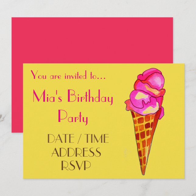 Ice-cream colourful girl's birthday party invitation (Front/Back)