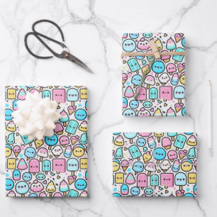 Ice Cream Cone and Popsicle Kawaii Art Wrapping Paper Sheets