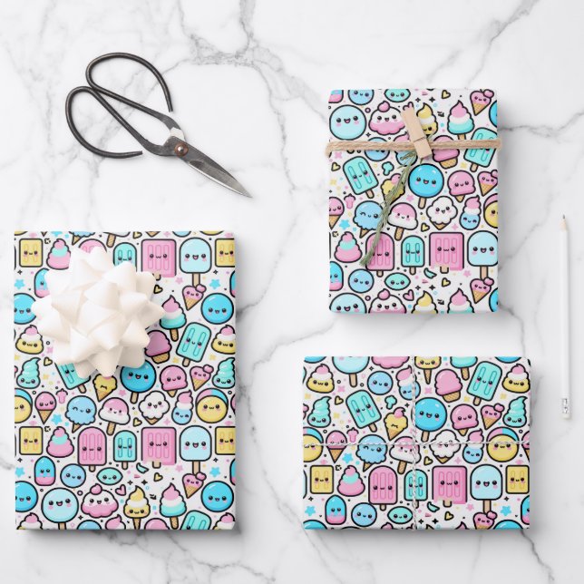 Ice Cream Cone and Popsicle Kawaii Art Wrapping Paper Sheets (Front)