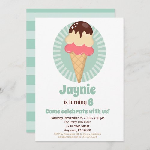 Ice Cream Cone Boys Girls Birthday Party Invitation