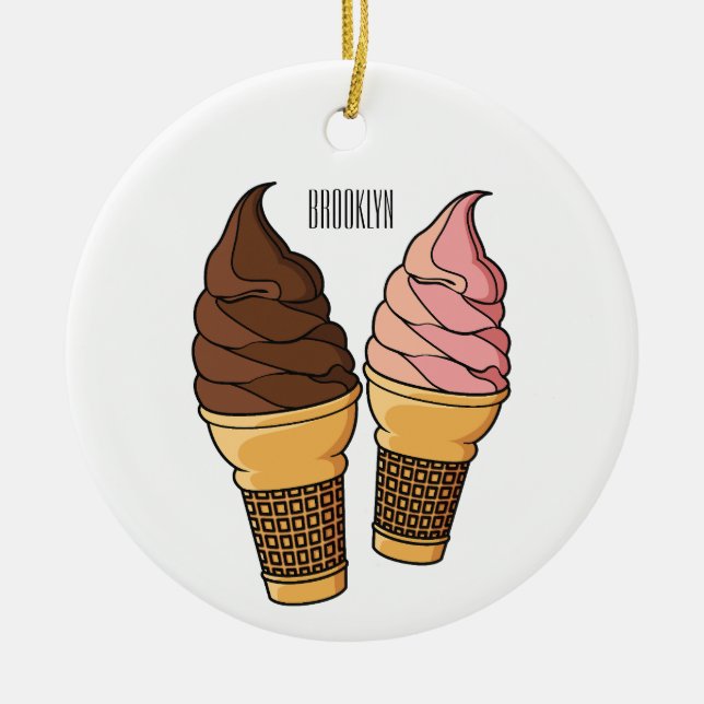 Ice cream cone cartoon illustration  ceramic ornament (Front)