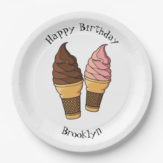 Ice cream cone cartoon illustration paper plates (Front)