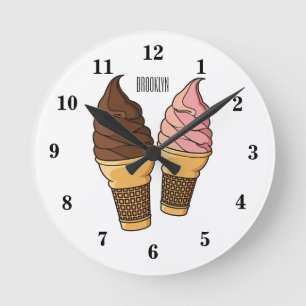 Ice cream cone cartoon illustration round clock