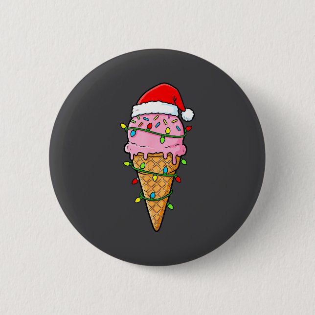 Ice Cream Cone Christmas Lights Santa Hat Food Xma Button (Front)