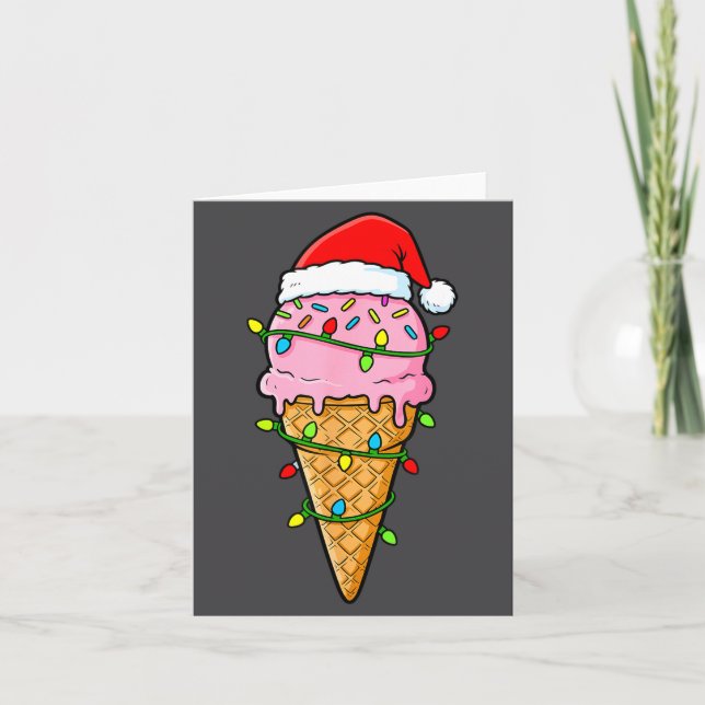 Ice Cream Cone Christmas Lights Santa Hat Food Xma Card (Front)