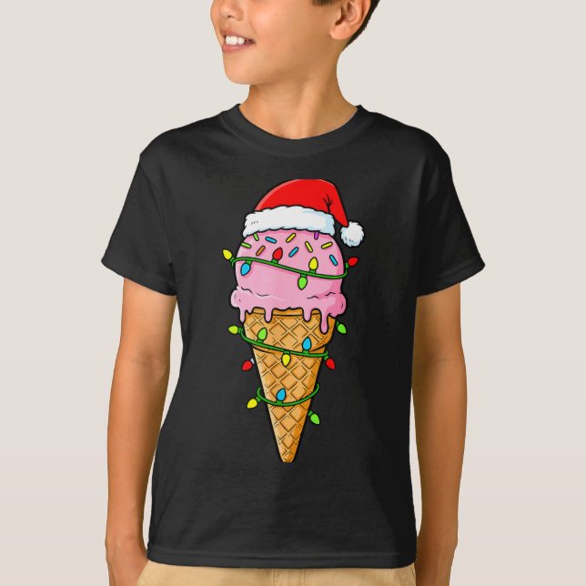 Ice Cream Cone Christmas Lights Santa Hat Food Xma T-Shirt (Front)